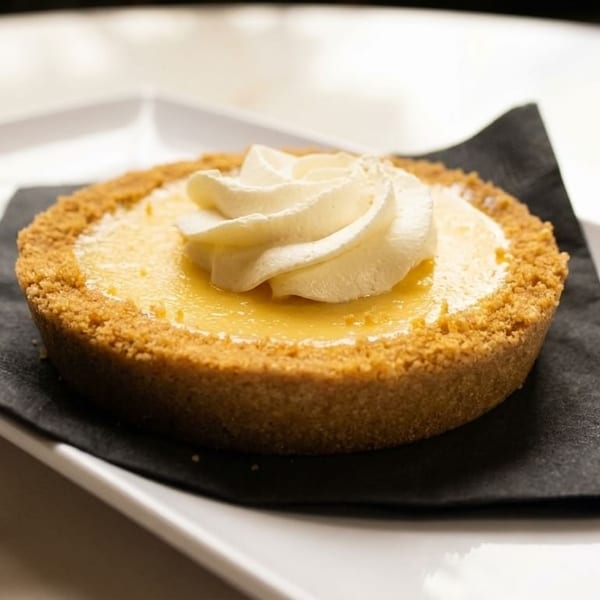 A mini key lime pie with whipped cream on a black napkin and white plate.
