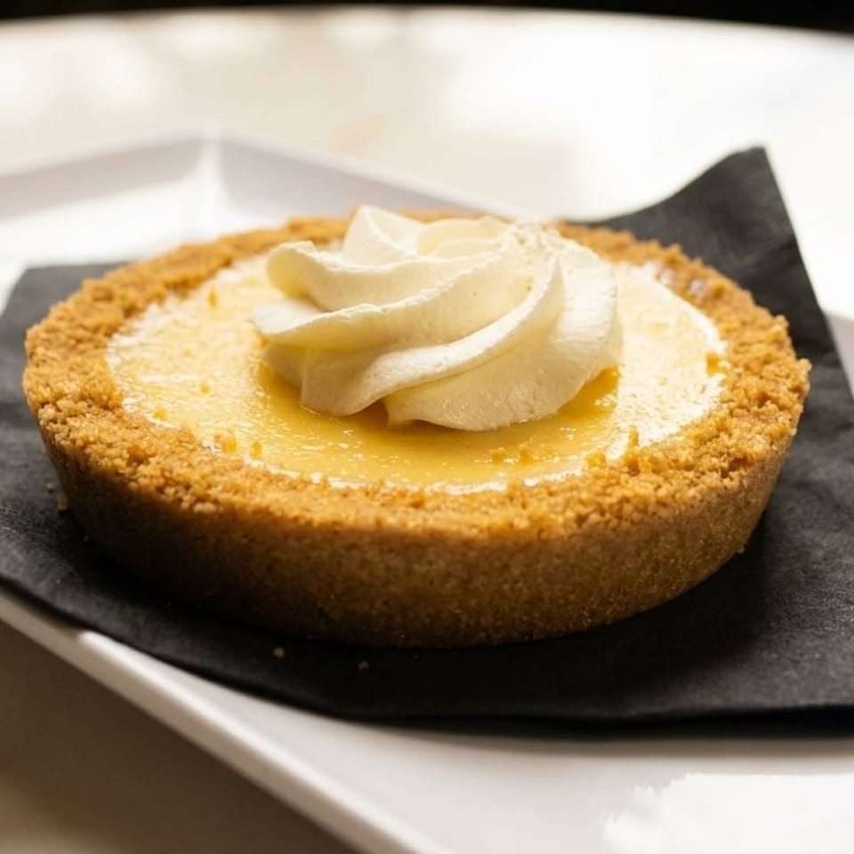 A mini key lime pie with whipped cream on a black napkin and white plate.